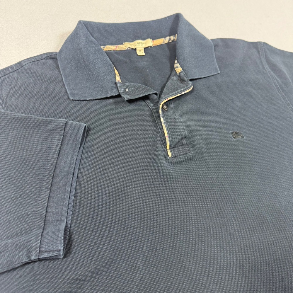 Burberry London Mens Navy Blue Cotton Pique Polo Shirt Nova Check Trim Size M